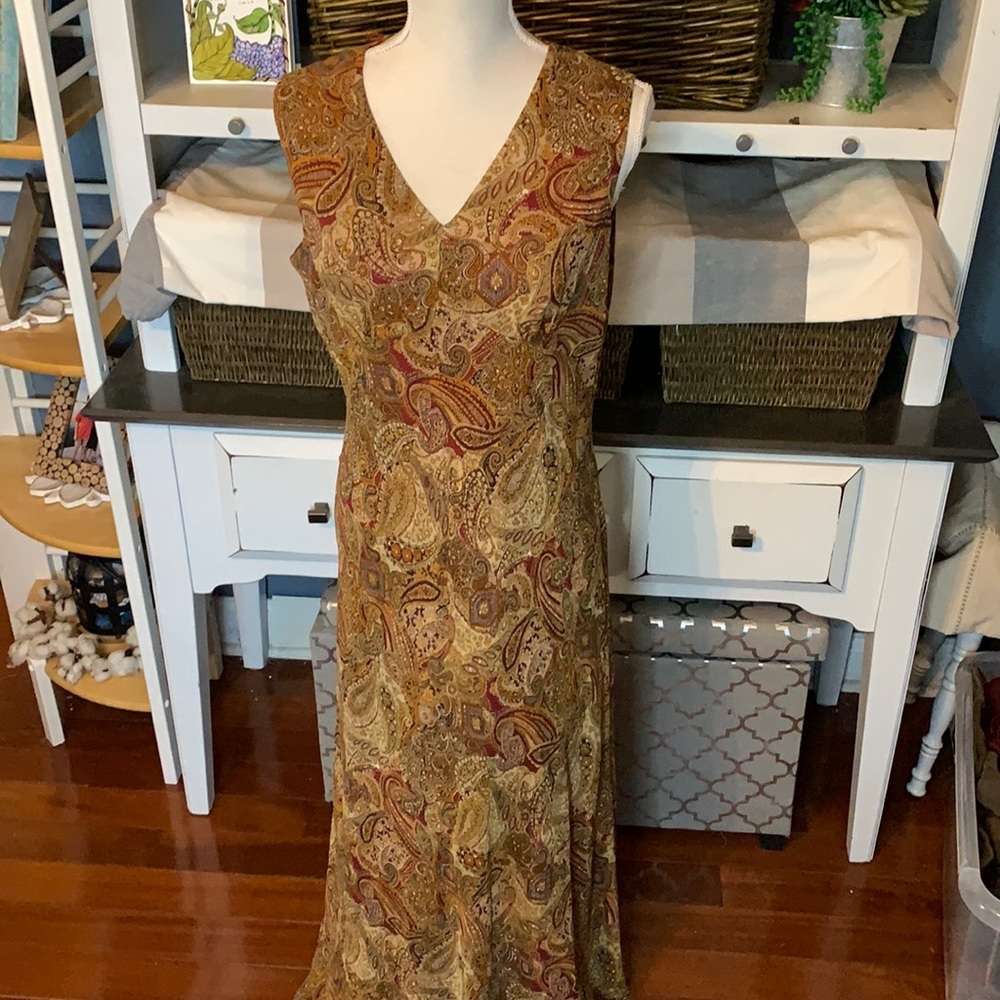 Coldwater Creek Sleeveless Paisley Maxi Dress in Brown and Gold